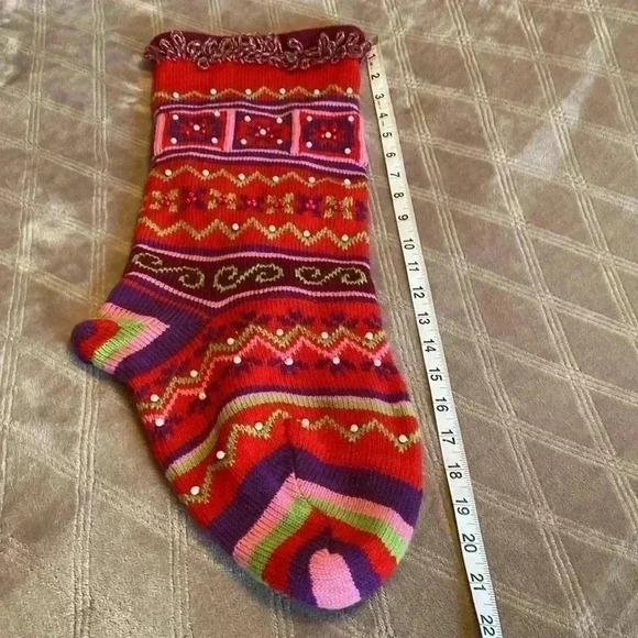 Crochet Christmas Stocking with Breading.  Red with Pink, Purple, Green & White. - Picture 8 of 9